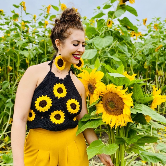 Handmade crochet sunflower halter top - Picture 1 of 7